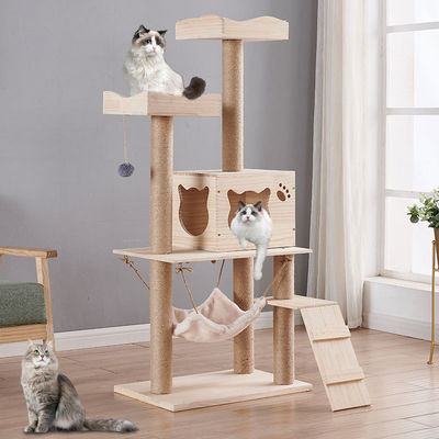 Árbol de escalada de gato de madera multifuncional ventajoso con diseño personalizable y plataforma de torre de poste de rascado
